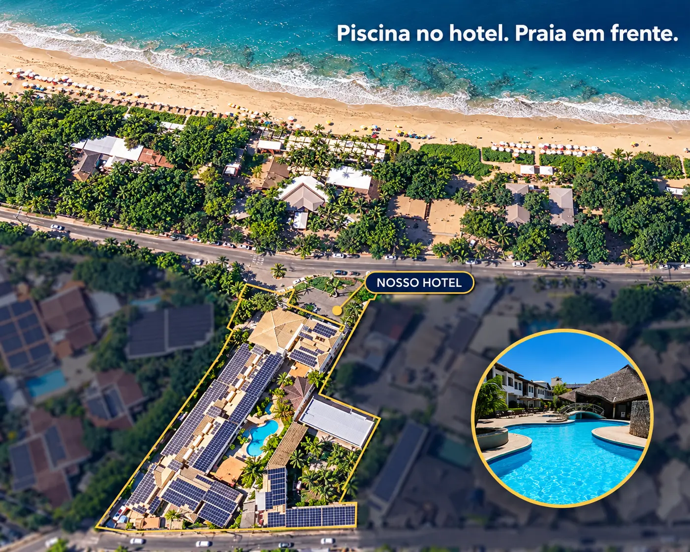 Vista aérea da região do Sarana Praia Hotel: o hotel marcado em frente à Praia de Taperapuã, com a piscina do hotel em destaque